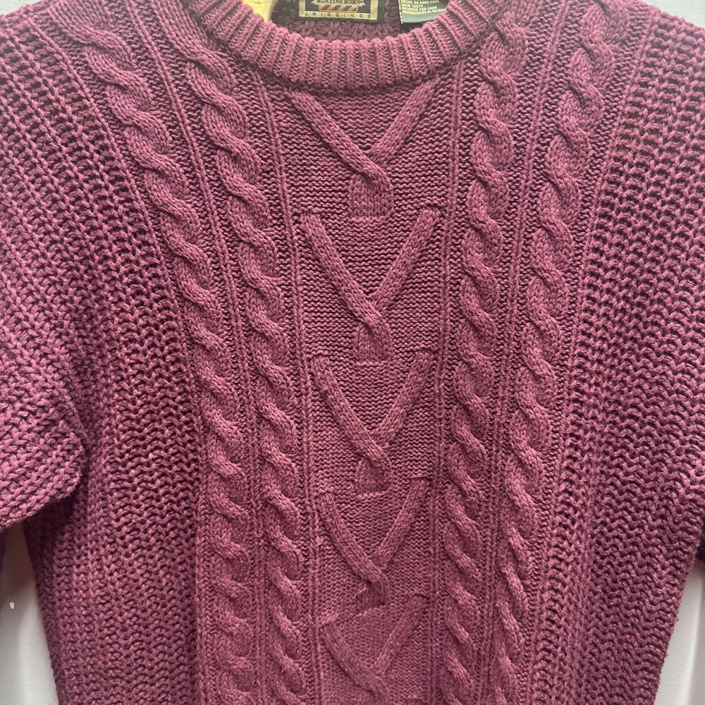 Hunting Horn J Riggins Mens Large Burgundy Cable Knit Ramie Cotton Sweater Vtg - Picture 2 of 8